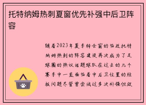 托特纳姆热刺夏窗优先补强中后卫阵容
